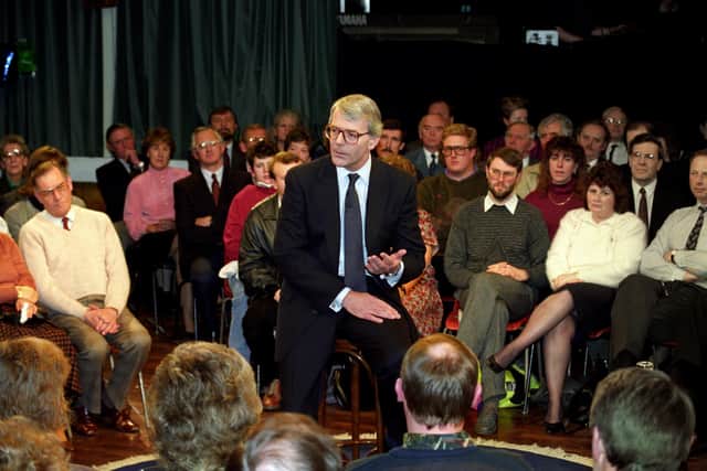 John Major addresses an audience-in-the-round at Sawtry village community centre in Cambridgeshire ahead of the Conservatives' victory in the 1992 general election (Picture: Michael Stephens/PA)