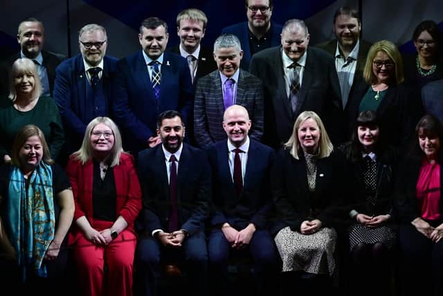 SNP Leader Humza Yousaf alongside SNP Westminster Leader Stephen Flynn, SNP candidates and party activists in Glasgow. Picture: John Devlin