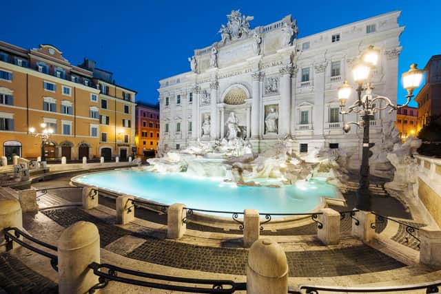 The Trevi Fountain in Rome, devoid of its customary hordes of tourists.