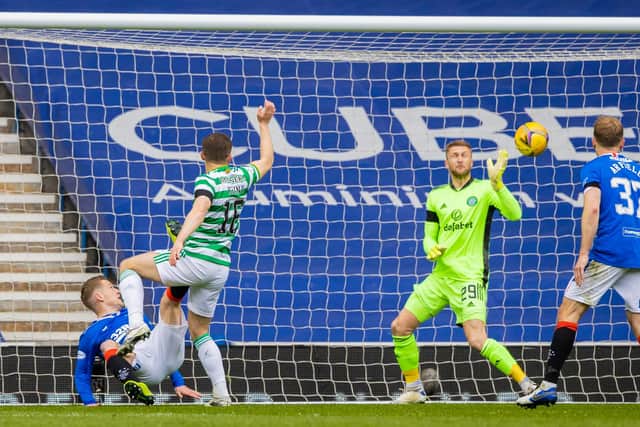 Steve Davis beats Celtic's Scott Bain with an acrobatic effort to open the scoring for Rangers (Photo by Craig Williamson / SNS Group)