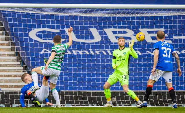 Steve Davis beats Celtic's Scott Bain with an acrobatic effort to open the scoring for Rangers (Photo by Craig Williamson / SNS Group)
