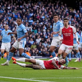 Arsenal's Gabriel Jesus misses an attempt on goal during the Premier League match at the Etihad Stadium against Manchester City.