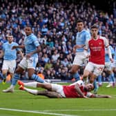 Arsenal's Gabriel Jesus misses an attempt on goal during the Premier League match at the Etihad Stadium against Manchester City.