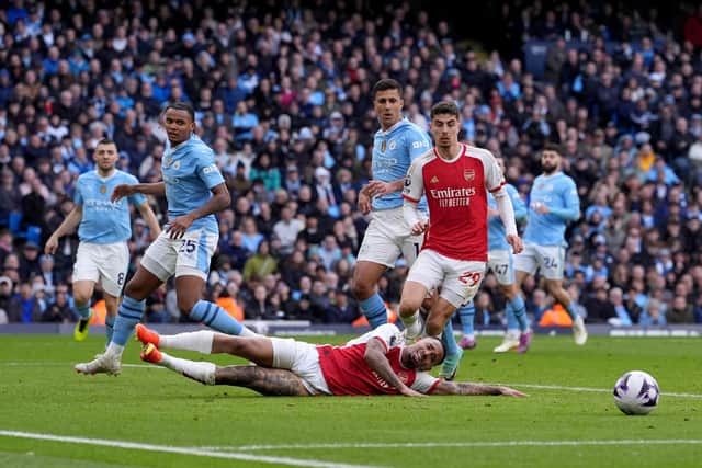 Arsenal's Gabriel Jesus misses an attempt on goal during the Premier League match at the Etihad Stadium against Manchester City.