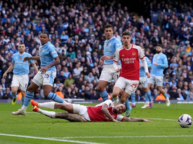 Arsenal's Gabriel Jesus misses an attempt on goal during the Premier League match at the Etihad Stadium against Manchester City.