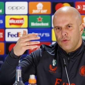 Feyenoord manager Arne Slot speaks to the media at Celtic Park.