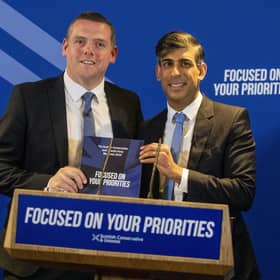 Scottish Conservative leader Douglas Ross is joined by Prime Minister Rishi Sunak to unveil The Scottish Conservatives manifesto in Edinburgh yesterday