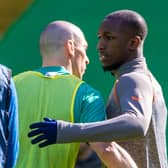 Celtic captain Scott Brown embraces Rangers' Glen Kamara prior to the Old Firm fixture in March. (Photo by Craig Williamson / SNS Group)