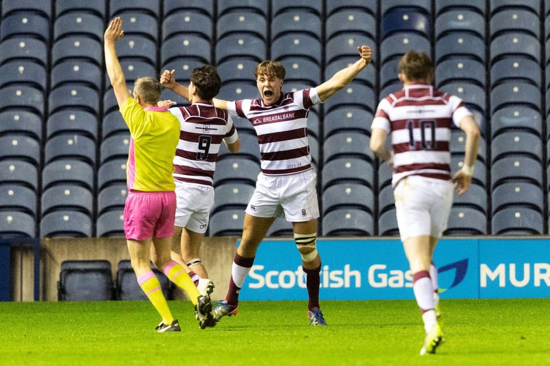 George Watson's celebrate scoring a try during the Scottish Schools U-18 Cup Final against Stewart's Melville College at Murrayfield.