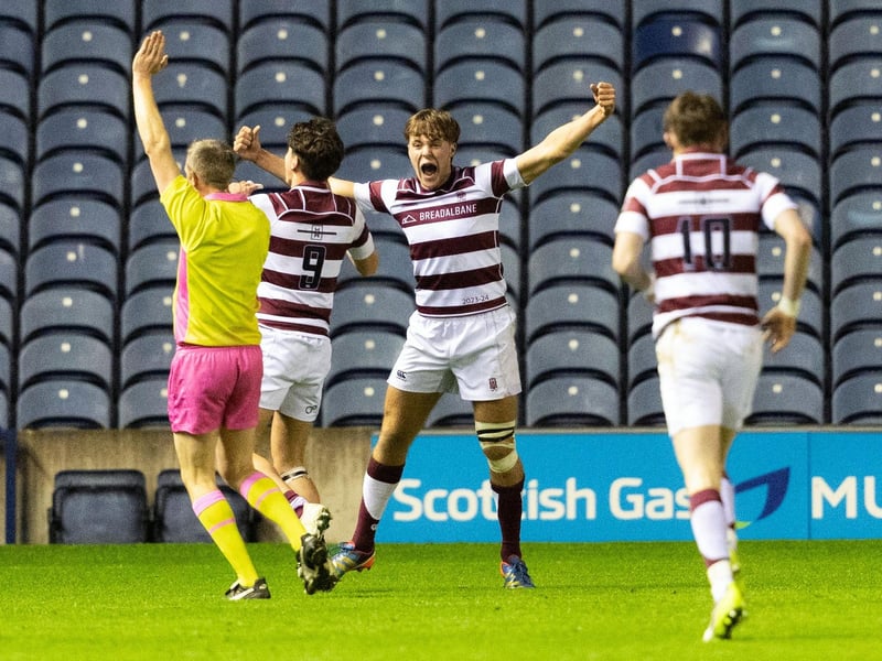 George Watson's celebrate scoring a try during the Scottish Schools U-18 Cup Final against Stewart's Melville College at Murrayfield.