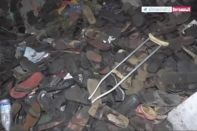 This image from a video, shows the aftermath of a deadly stampede in Sanaa, Yemen. Picture: Al-Masirah TV Channel via AP