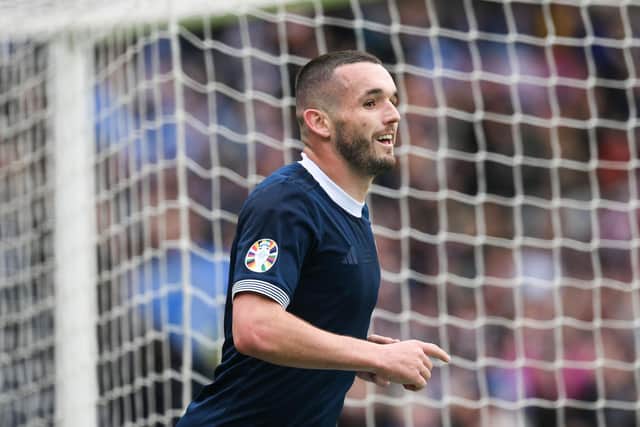 GLASGOW, SCOTLAND - MARCH 25: Scotland's John McGinn could net himself a special place in the country's all-time scoring list after claiming his 16th goal for his country to set Steve Clarke's men on their way with a 3-0 win in their Euro 2024 qualifying opener at home to Cyprus on Saturday. (Photo by Craig Foy / SNS Group)