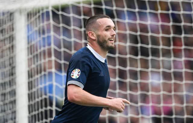 GLASGOW, SCOTLAND - MARCH 25: Scotland's John McGinn could net himself a special place in the country's all-time scoring list after claiming his 16th goal for his country to set Steve Clarke's men on their way with a 3-0 win in their Euro 2024 qualifying opener at home to Cyprus on Saturday. (Photo by Craig Foy / SNS Group)