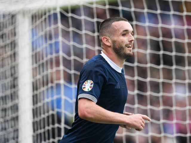 GLASGOW, SCOTLAND - MARCH 25: Scotland's John McGinn could net himself a special place in the country's all-time scoring list after claiming his 16th goal for his country to set Steve Clarke's men on their way with a 3-0 win in their Euro 2024 qualifying opener at home to Cyprus on Saturday. (Photo by Craig Foy / SNS Group)
