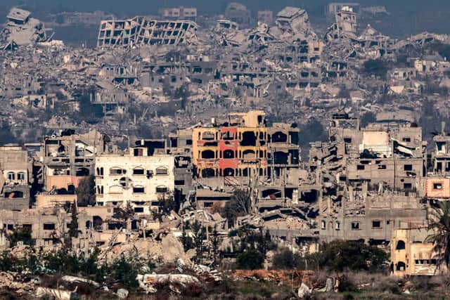 Destroyed buildings in the northern Gaza Strip on January 13, 2025 amid the ongoing war between Israel and Hamas. (Photo by Menahem KAHANA / AFP) (Photo by MENAHEM KAHANA/AFP via Getty Images)