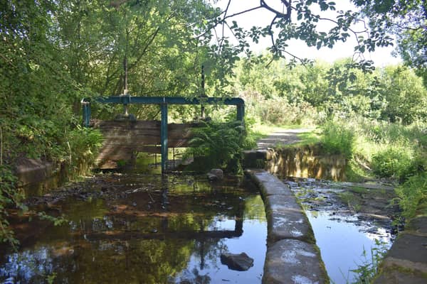 Blue sluice gate at Coul Den, Glenrothes