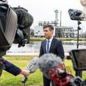 Rishi Sunak speaks to the media during his visit to the Shell St Fergus gas plant in Aberdeenshire, where he announced funding for carbon capture and storage and his decision to issue new oil licences (Picture: Euan Duff/PA)