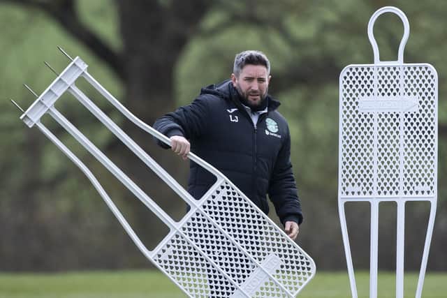 Hibs manager Lee Johnson takes training ahead of Saturday's match against Motherwell.