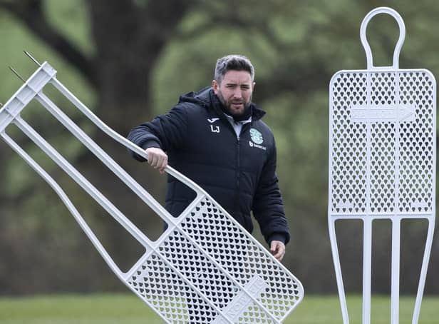 Hibs manager Lee Johnson takes training ahead of Saturday's match against Motherwell.