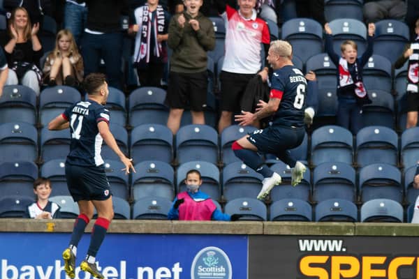 Dario Zanatta celebrates with Kyle Benedictus after Raith's third goal.  (Photo by Mark Scates / SNS Group)