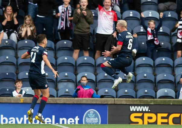 Dario Zanatta celebrates with Kyle Benedictus after Raith's third goal.  (Photo by Mark Scates / SNS Group)