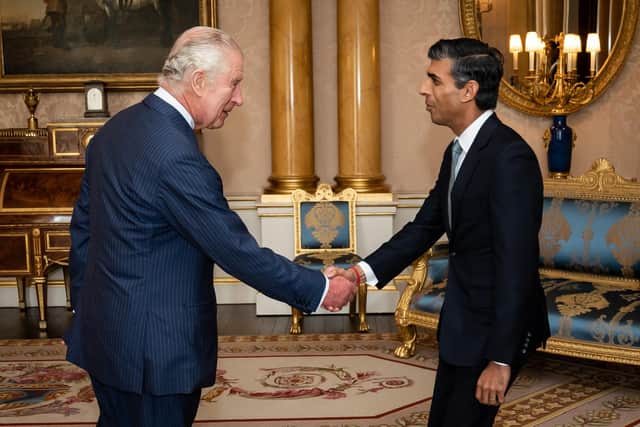 King Charles III welcomes Rishi Sunak during an audience at Buckingham Palace, London, where he invited the newly elected leader of the Conservative Party to become Prime Minister and form a new government. Picture date: Tuesday October 25, 2022.