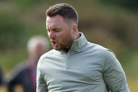 Michael Stewart celebrates at Dundonald Links on Tuesday after securing a spot in the 151st Open at Royal Liverpool. Picture: Mark Runnacles/R&A/R&A via Getty Images.