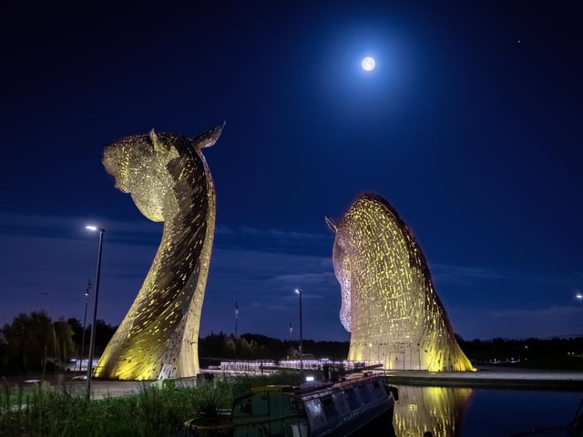 The Hunter's Moon as viewed from the Kelpies, near Falkirk.