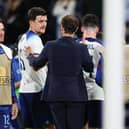 England manager Gareth Southgate speaks with Harry Maguire at full time following the win over Scotland.