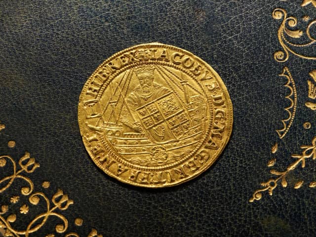 The gold coin of James VI which shows him on a galley boat holding the combined arms of England and Scotland. PIC: Contributed.