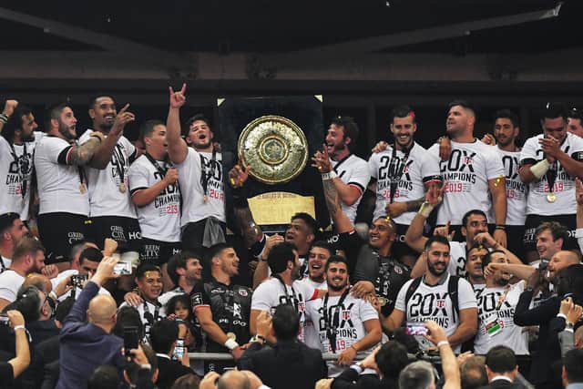Richie Gray, front row far right, helped Toulouse win the French Top 14 final in 2019, beating Clermont.