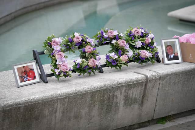 A wreath depicting 1935, the number of drug overdose deaths in Scotland, is laid outside the Scottish Parliament, Edinburgh, to mark International Overdose Awareness Day in August last year.