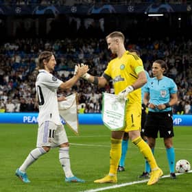 Captains Luke Modric and Joe Hart prior to the Champions League match between Real Madrid and Celtic at the Santiago Bernabeu in November 2022. (Photo by Craig Williamson / SNS Group)