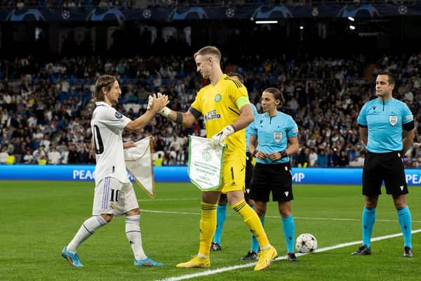 Captains Luke Modric and Joe Hart prior to the Champions League match between Real Madrid and Celtic at the Santiago Bernabeu in November 2022. (Photo by Craig Williamson / SNS Group)