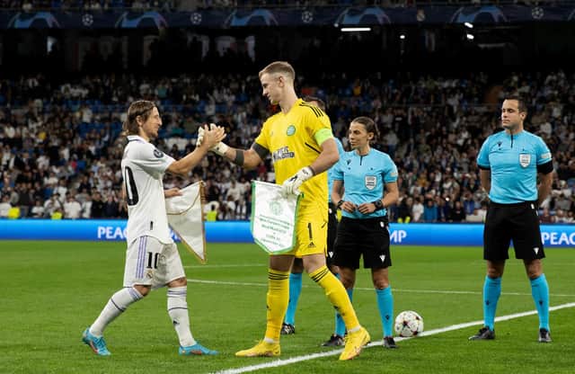 Captains Luke Modric and Joe Hart prior to the Champions League match between Real Madrid and Celtic at the Santiago Bernabeu in November 2022. (Photo by Craig Williamson / SNS Group)