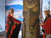 Sim’oogit Ni’isjoohl (Chief Earl Stephens) and Noxs Ts’aawit (Dr Amy Parent) stand with the House of Ni'isjoohl Memorial Pole in the National Museum of Scotland in August. Picture: Neil Hanna