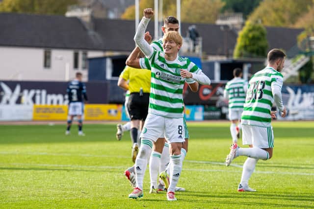 Celtic’s Kyogo Furuhashi celebrates his second goal in the club's 4-2 win away to Dundee last weekend. The Japanese attacker's display led to him being compared to Henrik Larsson but the Swede's former team-mate John Hartson believes that doesn't pass muster. (Photo by Ross MacDonald / SNS Group)