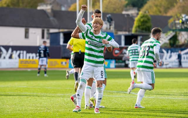 Celtic’s Kyogo Furuhashi celebrates his second goal in the club's 4-2 win away to Dundee last weekend. The Japanese attacker's display led to him being compared to Henrik Larsson but the Swede's former team-mate John Hartson believes that doesn't pass muster. (Photo by Ross MacDonald / SNS Group)
