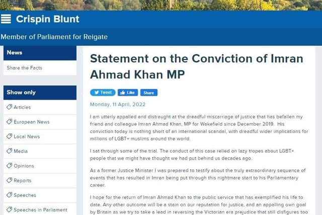 A screen grab of a statement published on Crispin Blunt's website relating to the conviction of Imran Khan MP before it was removed. Photo: Crispin Blunt/PA Wire.