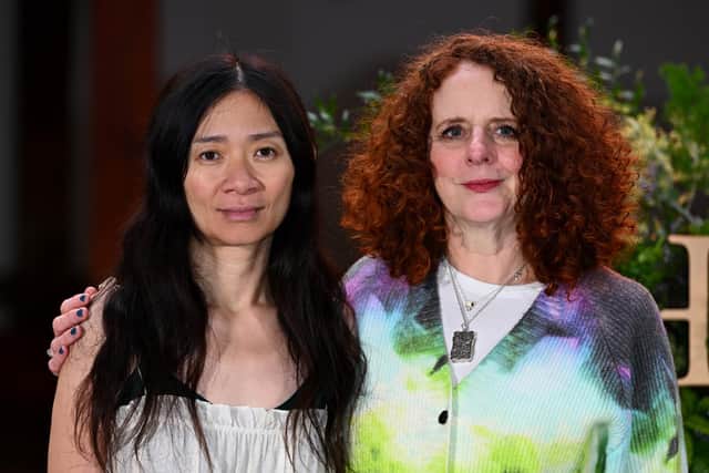 Chloé Zhao and Maggie O'Farrell attend the photocall for "Hamnet" at Shakespeare's Globe on December 17, 2025 in London, England
