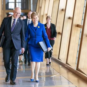 Outgoing First Minister Nicola Sturgeon and outgoing Deputy First Minister John Swinney (left) arrive for her last First Minster's Questions. Picture: Jane Barlow/PA Wire