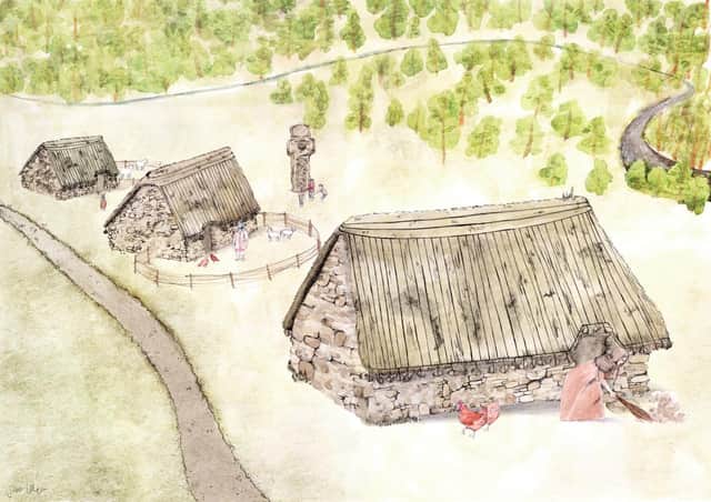 An artist's reconstruction of how the settlement at Netherton Cross would have looked. It disappeared in the 18th Century as the Duke of Hamilton embarked on turning part of his estate into a vast parkland. PIC: Jennifer Colquhoun.