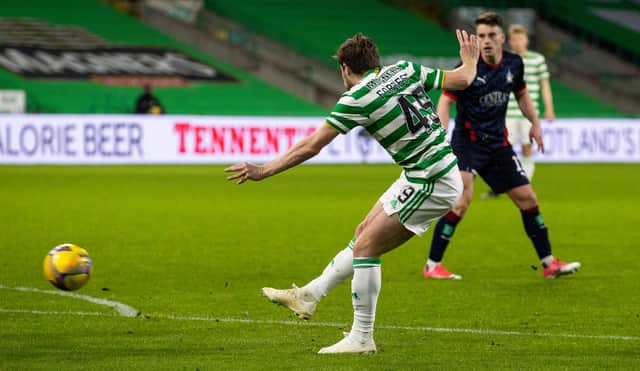 James Forrest scores to make the breakthrough against Falkirk and ensure the perfect return for him in his first start for six months following ankle surgery (Photo by Craig Williamson / SNS Group)