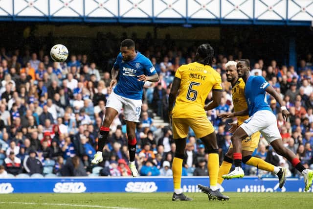 Danilo heads home to make it 2-0 to Rangers during their win over Livingston at Ibrox on Saturday.