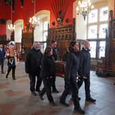 The Stone of Destiny, which is also known as the Stone of Scone, is carried out of the Great Hall in Edinburgh Castle before onward transportation to be placed beneath the Coronation Chair at Westminster Abbey for the coronation of King Charles III. The stone is returning to England for the first time since 1996