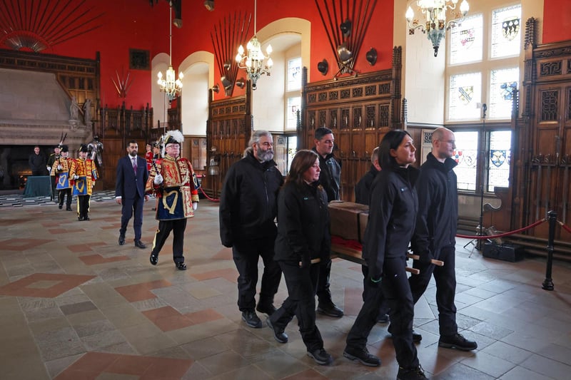 The Stone of Destiny, which is also known as the Stone of Scone, is carried out of the Great Hall in Edinburgh Castle before onward transportation to be placed beneath the Coronation Chair at Westminster Abbey for the coronation of King Charles III. The stone is returning to England for the first time since 1996