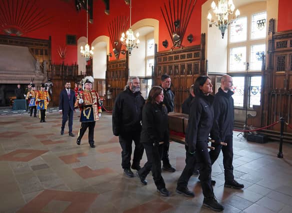 The Stone of Destiny, which is also known as the Stone of Scone, is carried out of the Great Hall in Edinburgh Castle before onward transportation to be placed beneath the Coronation Chair at Westminster Abbey for the coronation of King Charles III. The stone is returning to England for the first time since 1996