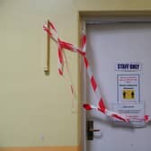 Taped off section inside Parks Primary School in Leicester which has been affected with sub standard reinforced autoclaved aerated concrete (Raac). Jacob King/PA Wire