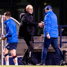 Dunfermline manager John Hughes shakes hands with Raith Rovers boss John McGlynn after the 0-0 draw at Stark's Park.  (Photo by Alan Rennie / SNS Group)