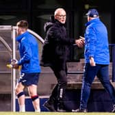 Dunfermline manager John Hughes shakes hands with Raith Rovers boss John McGlynn after the 0-0 draw at Stark's Park.  (Photo by Alan Rennie / SNS Group)